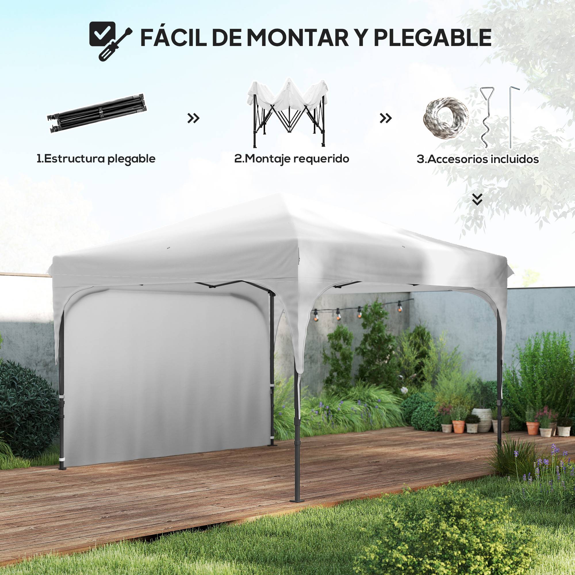 Tonnelle de jardin 3 x 3 m à hauteur réglable, 1 paroi latérale étanche, 4 sacs de lestage et sac de transport, blanche - Image 7
