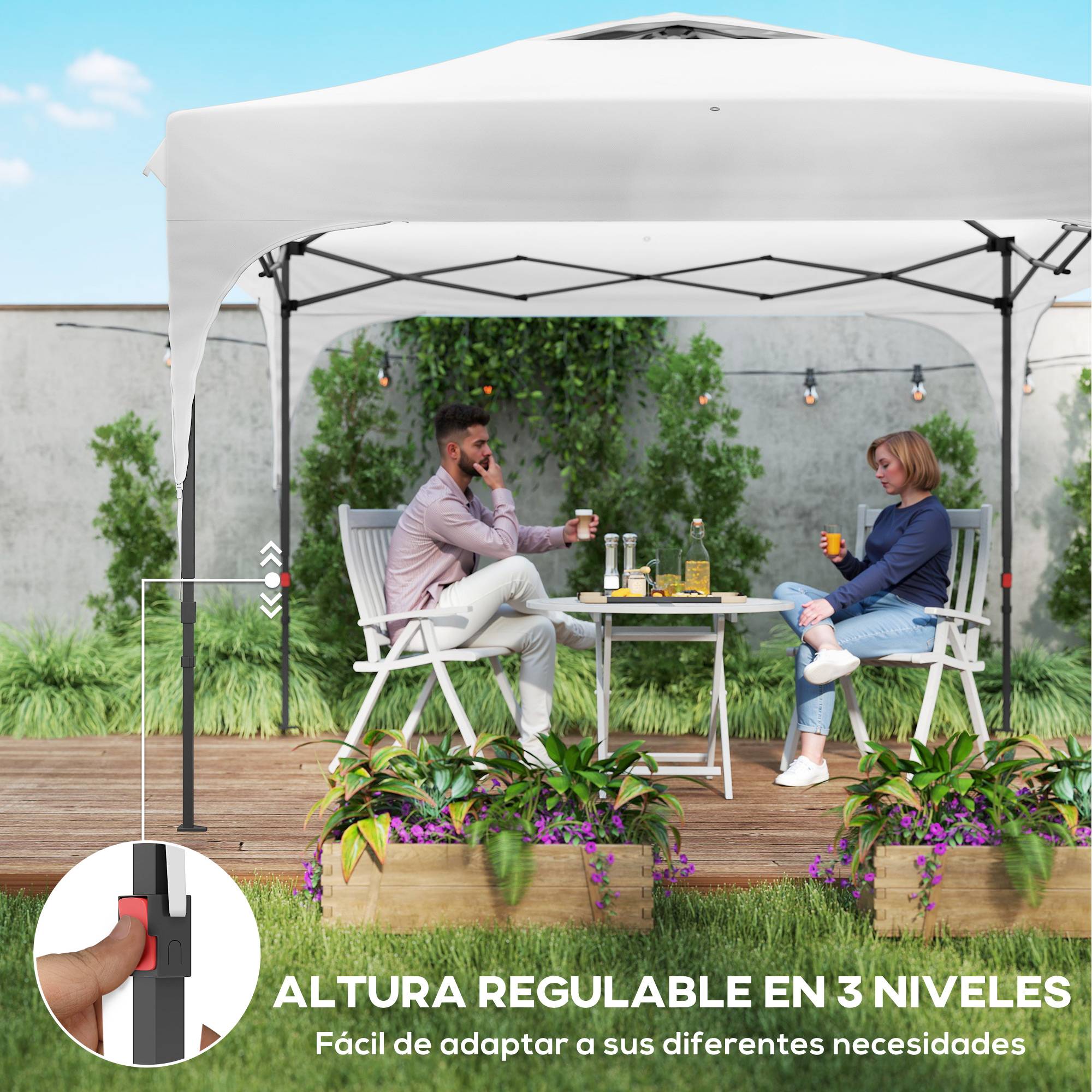 Tonnelle de jardin 3 x 3 m à hauteur réglable, 1 paroi latérale étanche, 4 sacs de lestage et sac de transport, blanche - Image 6
