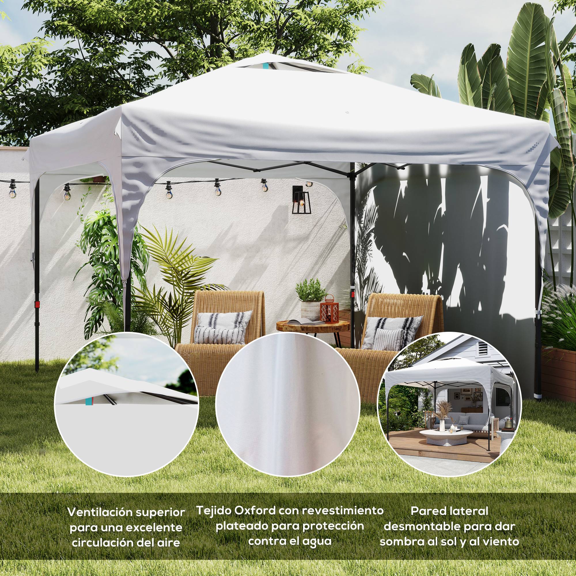 Tonnelle de jardin 3 x 3 m à hauteur réglable, 1 paroi latérale étanche, 4 sacs de lestage et sac de transport, blanche - Image 9
