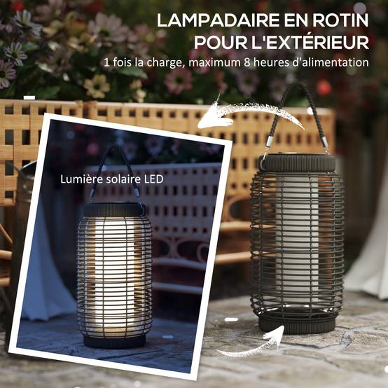 Lampadaire solaire LED extérieur résine tressée jardin terrasse allée étanche 37cm gris - ComfortXL Outdoor Living - Image 7