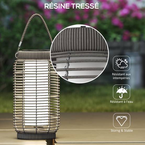Lampadaire solaire LED extérieur résine tressée jardin terrasse allée étanche 37cm gris - ComfortXL Outdoor Living - Image 8