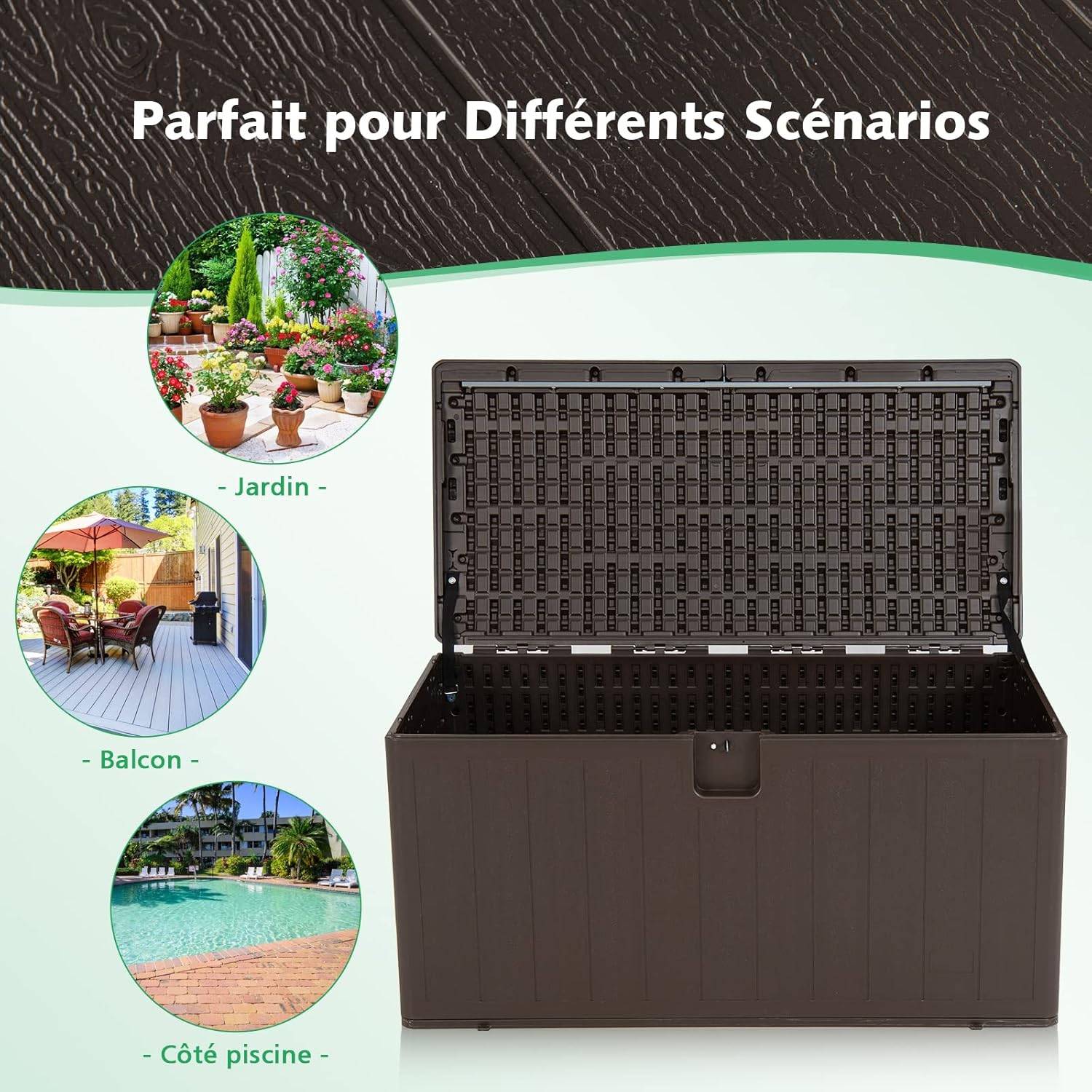 Coffre de Rangement Exterieur XXL 400L-127,5 x 64 x 64 CM avec Poignées Encastrée, Malle de Rangement de Jaridn Verrouillable pour Outils Marron - Image 3