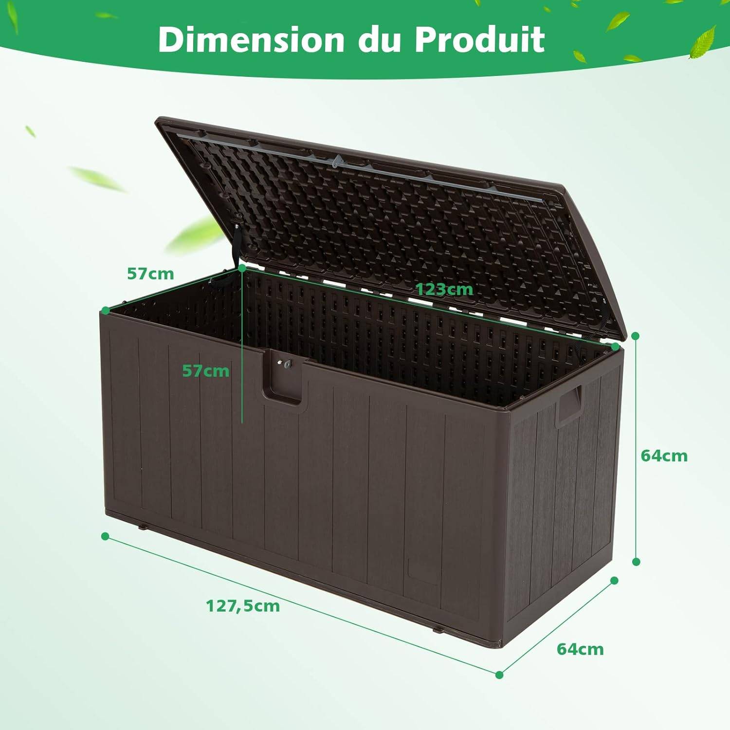 Coffre de Rangement Exterieur XXL 400L-127,5 x 64 x 64 CM avec Poignées Encastrée, Malle de Rangement de Jaridn Verrouillable pour Outils Marron - Image 5