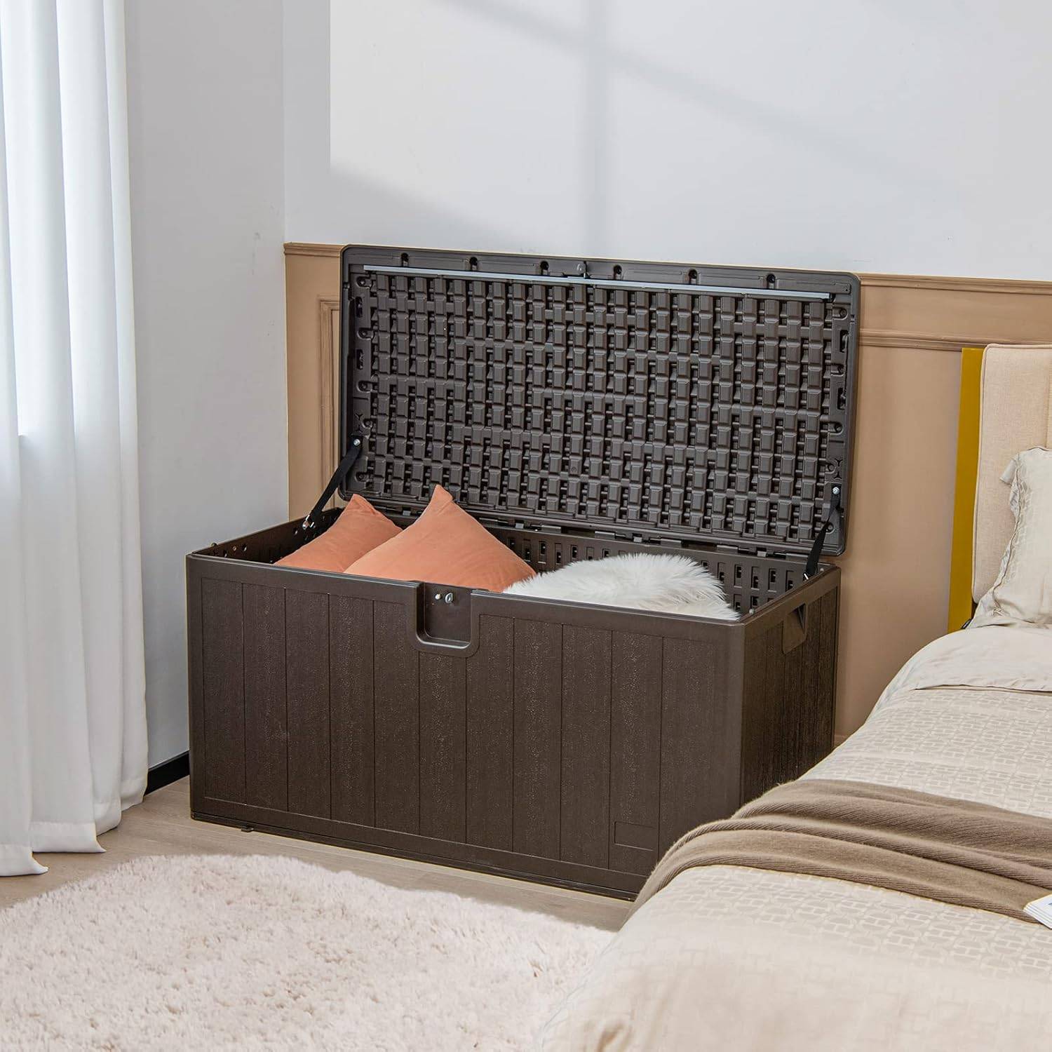 Coffre de Rangement Exterieur XXL 400L-127,5 x 64 x 64 CM avec Poignées Encastrée, Malle de Rangement de Jaridn Verrouillable pour Outils Marron - Image 8
