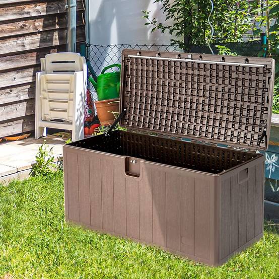 Coffre de Rangement Exterieur XXL 400L-127,5 x 64 x 64 CM avec Poignées Encastrée, Malle de Rangement de Jaridn Verrouillable pour Outils Marron - Image 9