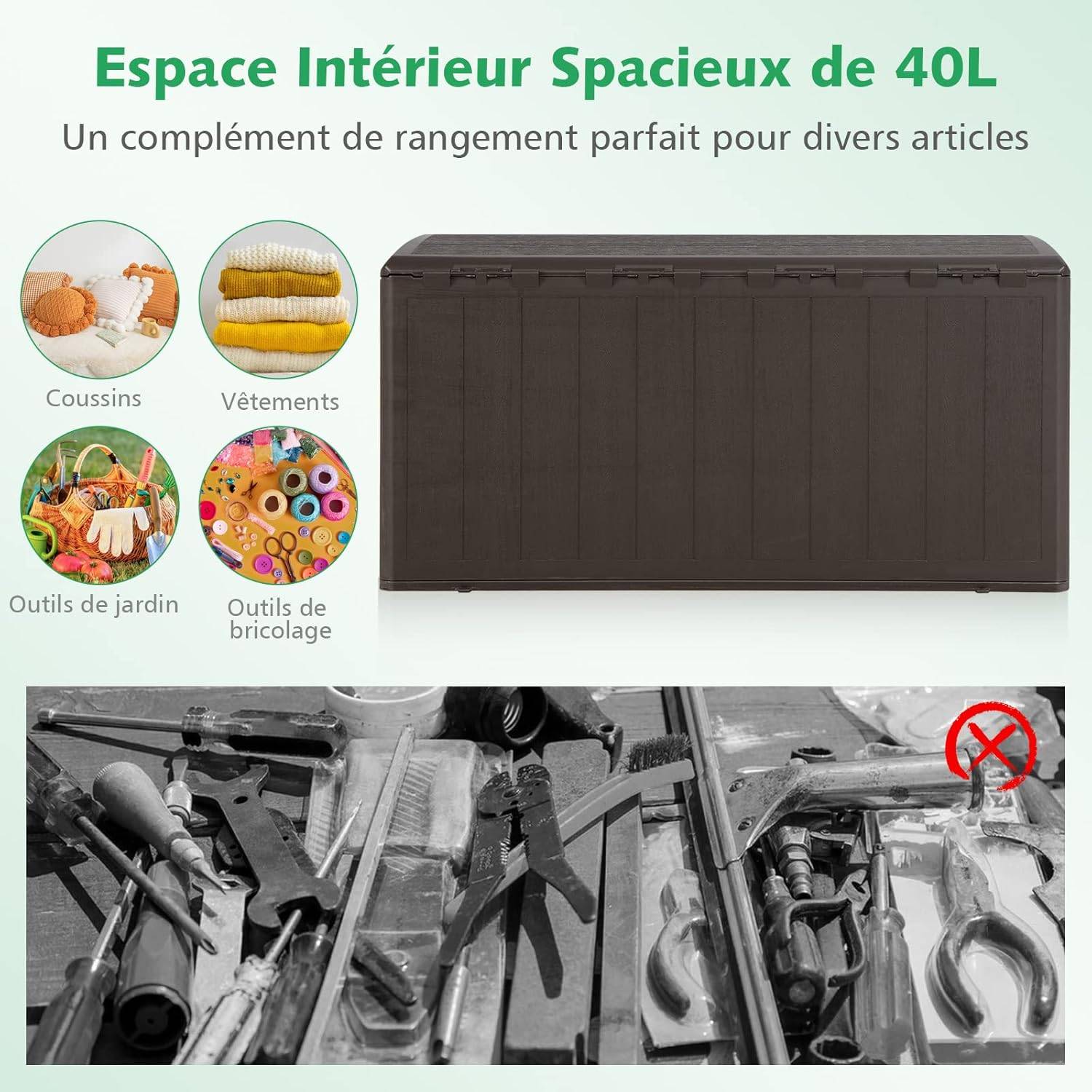 Coffre de Rangement Exterieur XXL 400L-127,5 x 64 x 64 CM avec Poignées Encastrée, Malle de Rangement de Jaridn Verrouillable pour Outils Marron - Image 6
