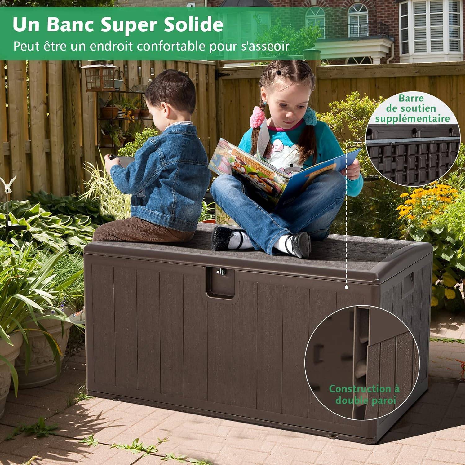 Coffre de Rangement Exterieur XXL 400L-127,5 x 64 x 64 CM avec Poignées Encastrée, Malle de Rangement de Jaridn Verrouillable pour Outils Marron - Image 7