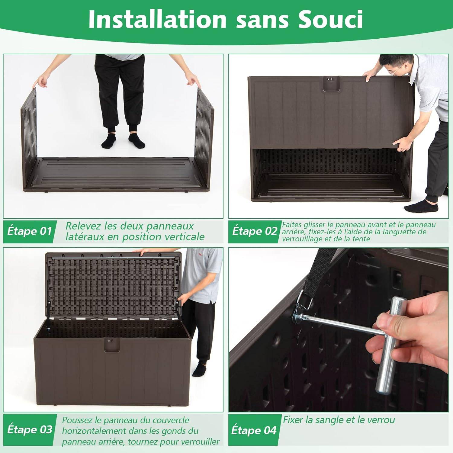 Coffre de Rangement Exterieur XXL 400L-127,5 x 64 x 64 CM avec Poignées Encastrée, Malle de Rangement de Jaridn Verrouillable pour Outils Marron - Image 4