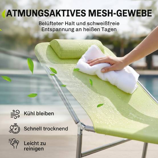 Chaise longue pliable et réglable, chaise longue de jardin avec appui-tête, chaise longue de camping, capacité 120 kg, verte - Image 7