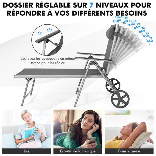 Helloshop26 - Chaise longue de jardin inclinable pliable en aluminium avec roulettes 7 dossier réglable appuie-tête amovible charge 150 kg noir - Image 4