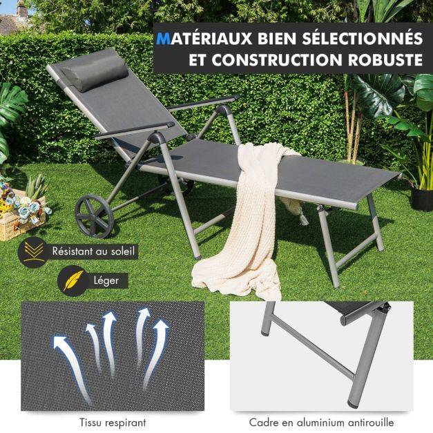 Helloshop26 - Chaise longue de jardin inclinable pliable en aluminium avec roulettes 7 dossier réglable appuie-tête amovible charge 150 kg noir - Image 3