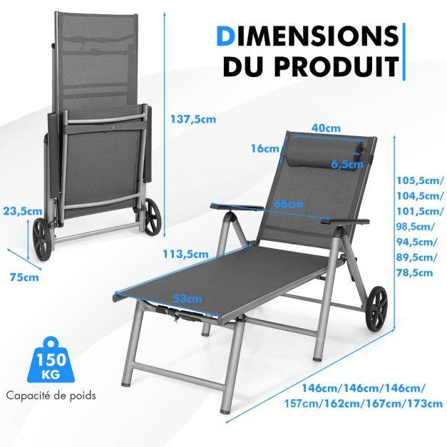 Helloshop26 - Chaise longue de jardin inclinable pliable en aluminium avec roulettes 7 dossier réglable appuie-tête amovible charge 150 kg noir - Image 5