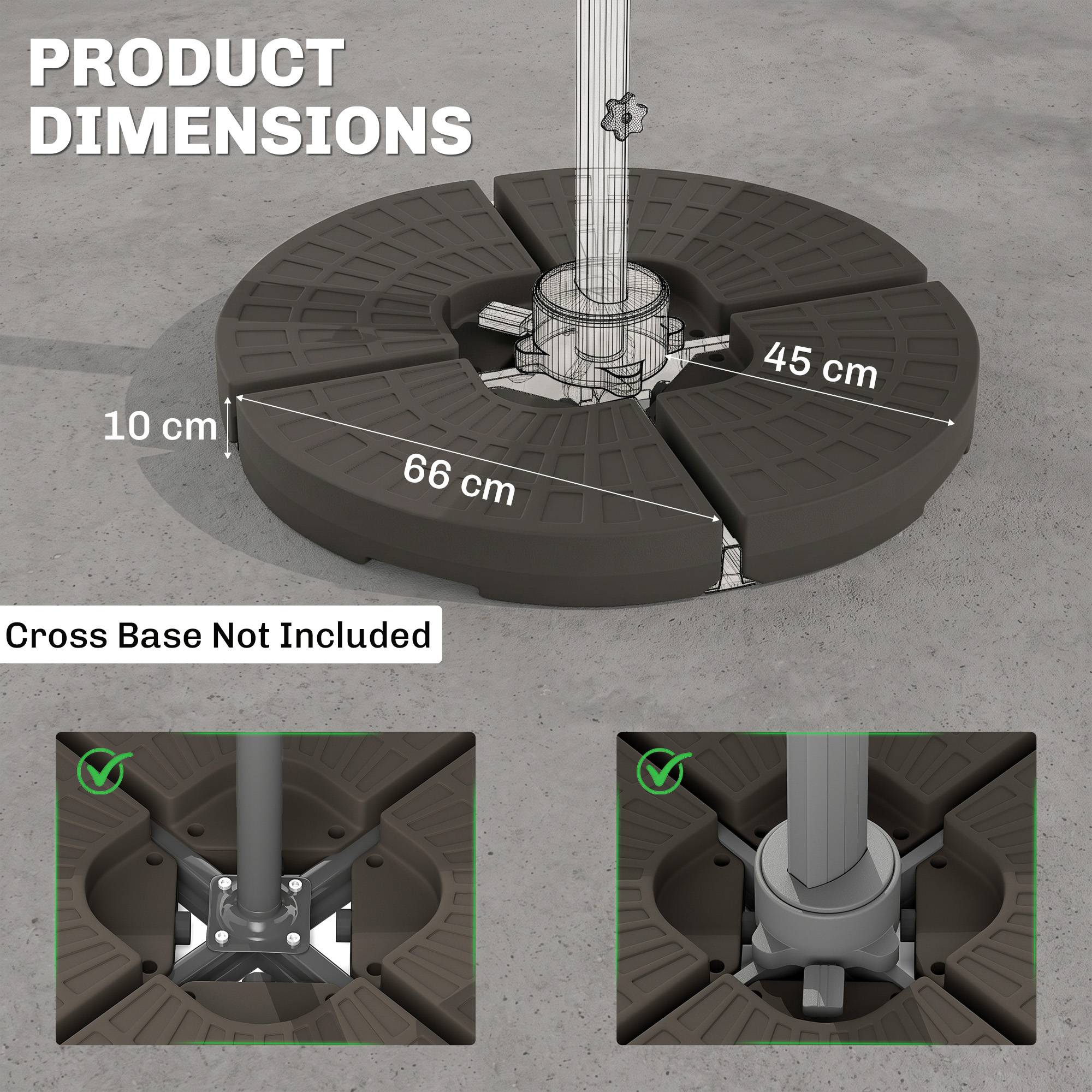 Set de 4 poids pour supports de parasol, base en HDPE, remplissable avec 68 kg d'eau ou 100 kg de sable et eau, 100x100x10,5 cm, café - Image 5
