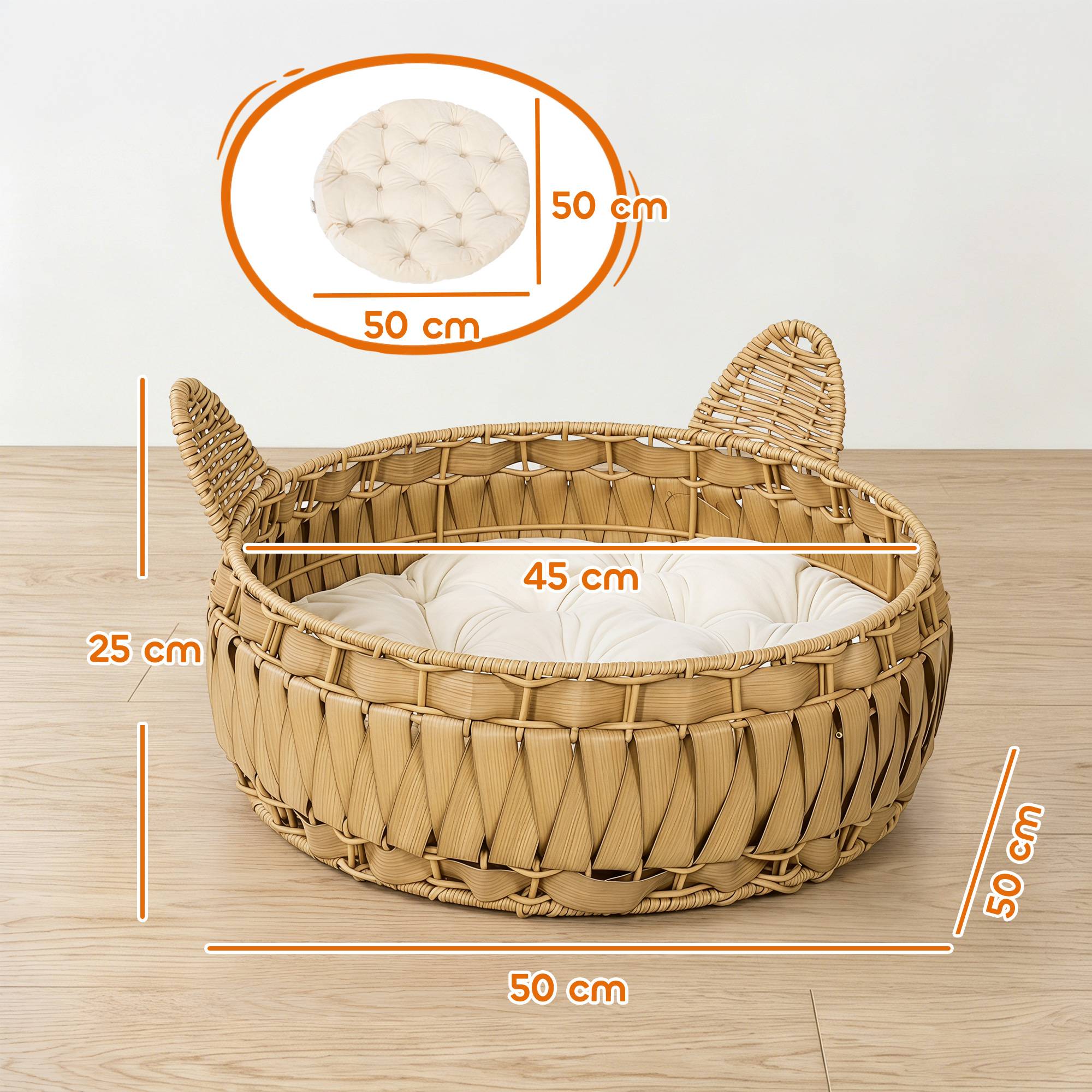 Panier pour chat en rotin, niche avec coussin amovible, pour chats jusqu'à 10 kg, 50 x 50 x 25 cm, marron clair - Image 5