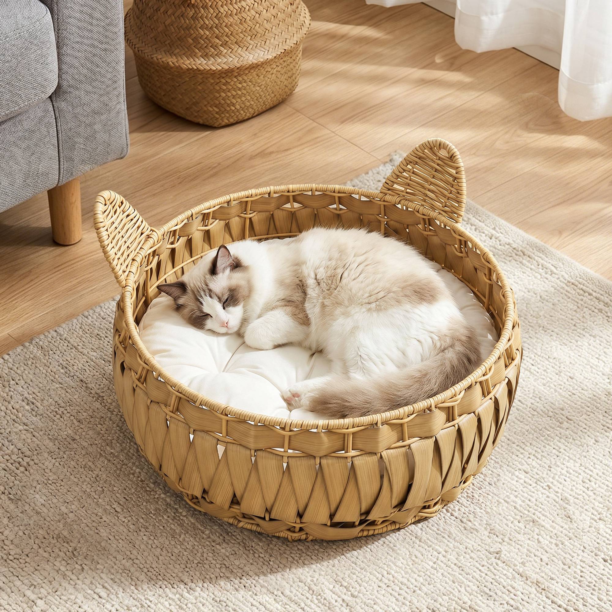 Panier pour chat en rotin, niche avec coussin amovible, pour chats jusqu'à 10 kg, 50 x 50 x 25 cm, marron clair - Image 4