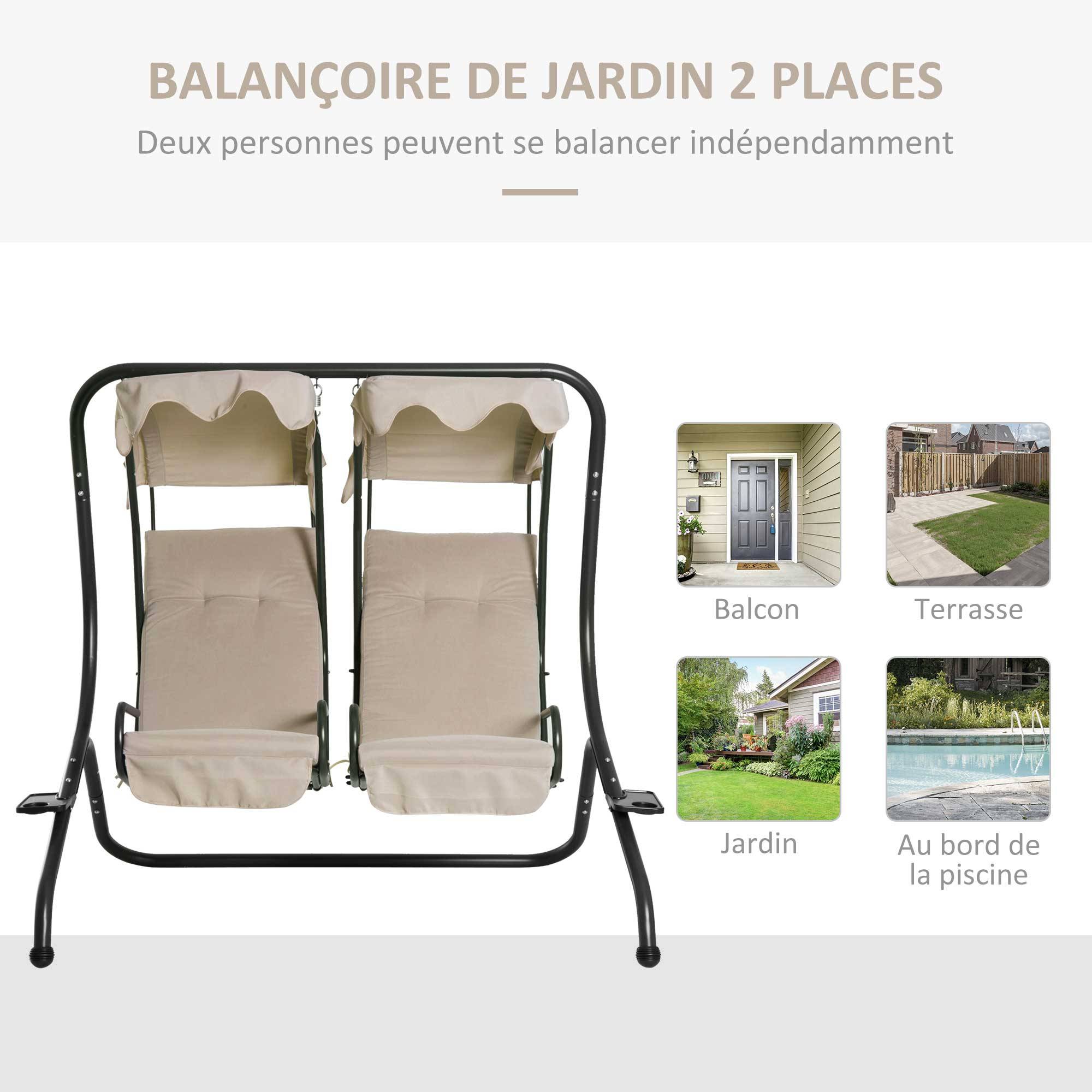 Outsunny - Balancelle de jardin 2 places indépendantes 2 tablettes supports coussins assise dossier grand confort acier noir polyester beige - Outsunny - Image 4