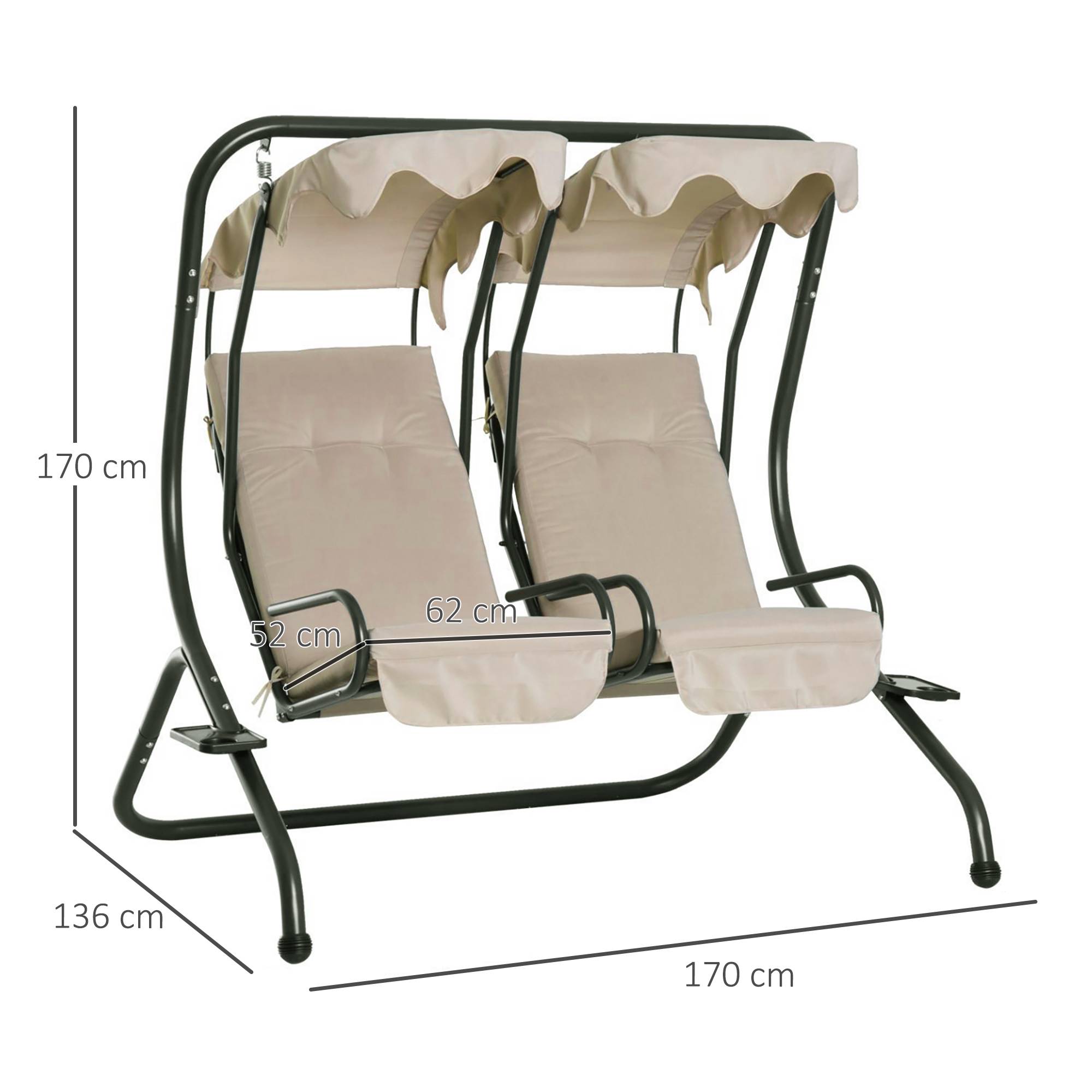 Outsunny - Balancelle de jardin 2 places indépendantes 2 tablettes supports coussins assise dossier grand confort acier noir polyester beige - Outsunny - Image 3