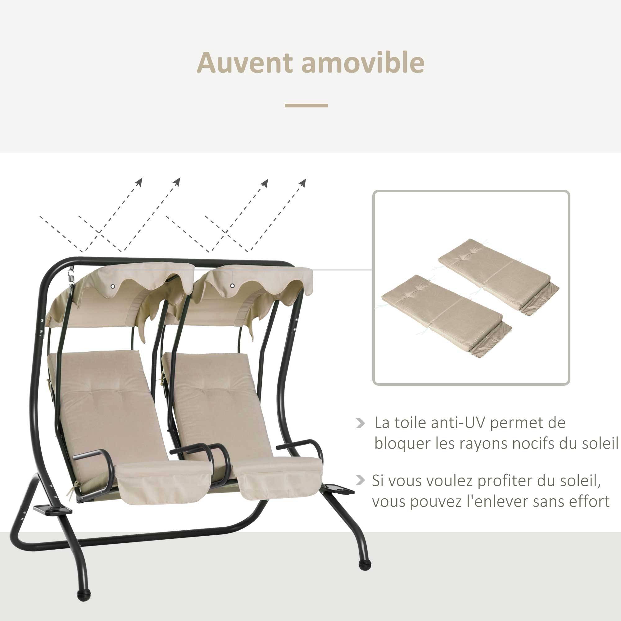 Outsunny - Balancelle de jardin 2 places indépendantes 2 tablettes supports coussins assise dossier grand confort acier noir polyester beige - Outsunny - Image 7
