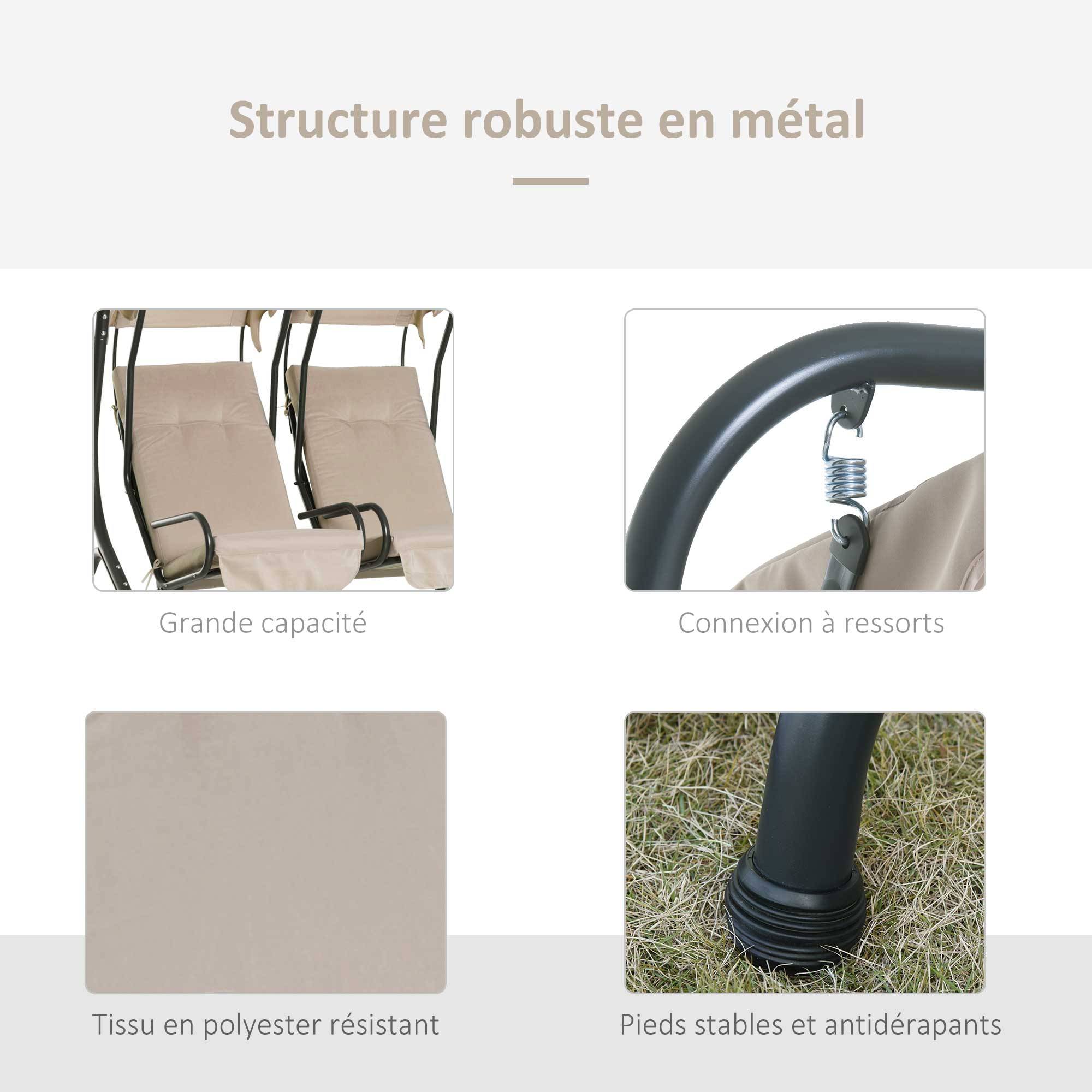 Outsunny - Balancelle de jardin 2 places indépendantes 2 tablettes supports coussins assise dossier grand confort acier noir polyester beige - Outsunny - Image 5