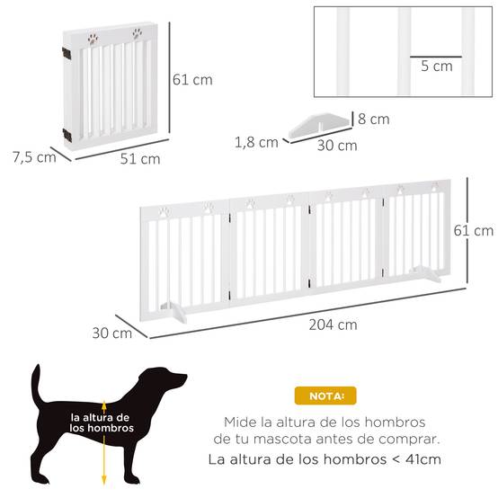 Barrière de sécurité pliable pour chien à 4 panneaux, 204 x 61 cm, avec cadre en bois et pieds de support, blanche, pour couloir et escaliers. - Image 5