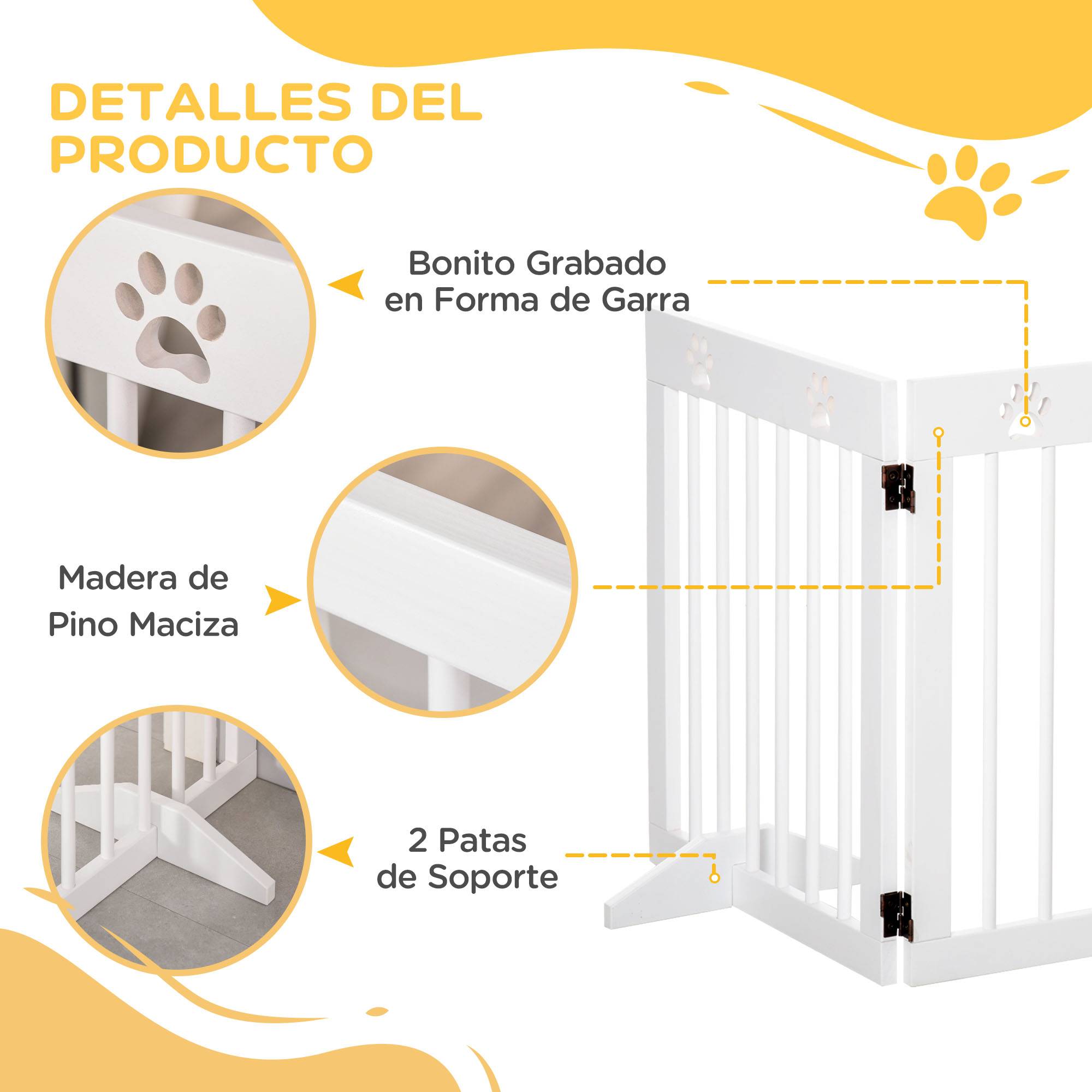 Barrière de sécurité pliable pour chien à 4 panneaux, 204 x 61 cm, avec cadre en bois et pieds de support, blanche, pour couloir et escaliers. - Image 7