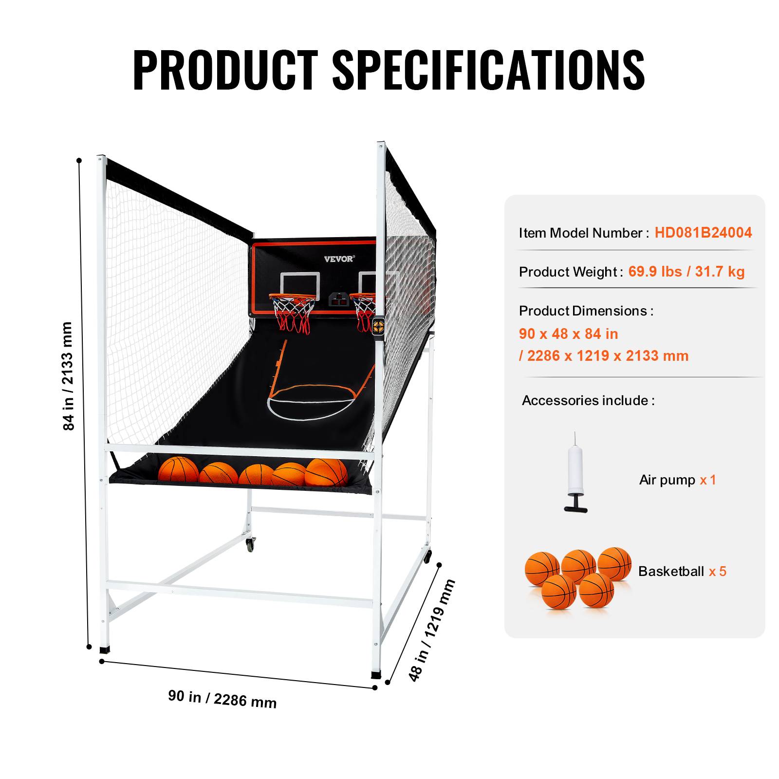 Vevor - VEVOR Jeu arcade basketball, 2 joueurs, double panier, 5 ballons, 8 modes. Pompe gonflage, noir/blanc. - Image 7