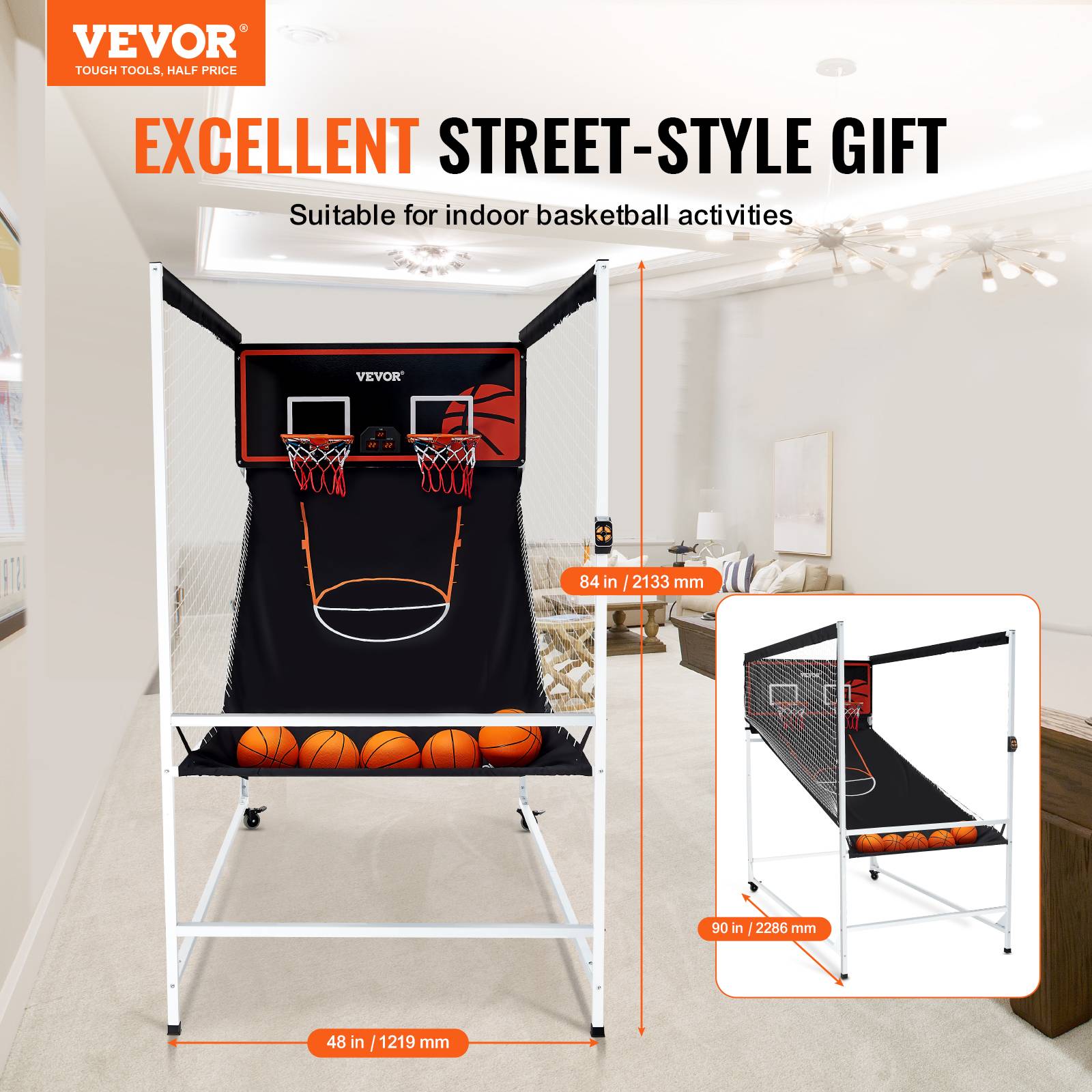 Vevor - VEVOR Jeu arcade basketball, 2 joueurs, double panier, 5 ballons, 8 modes. Pompe gonflage, noir/blanc. - Image 2
