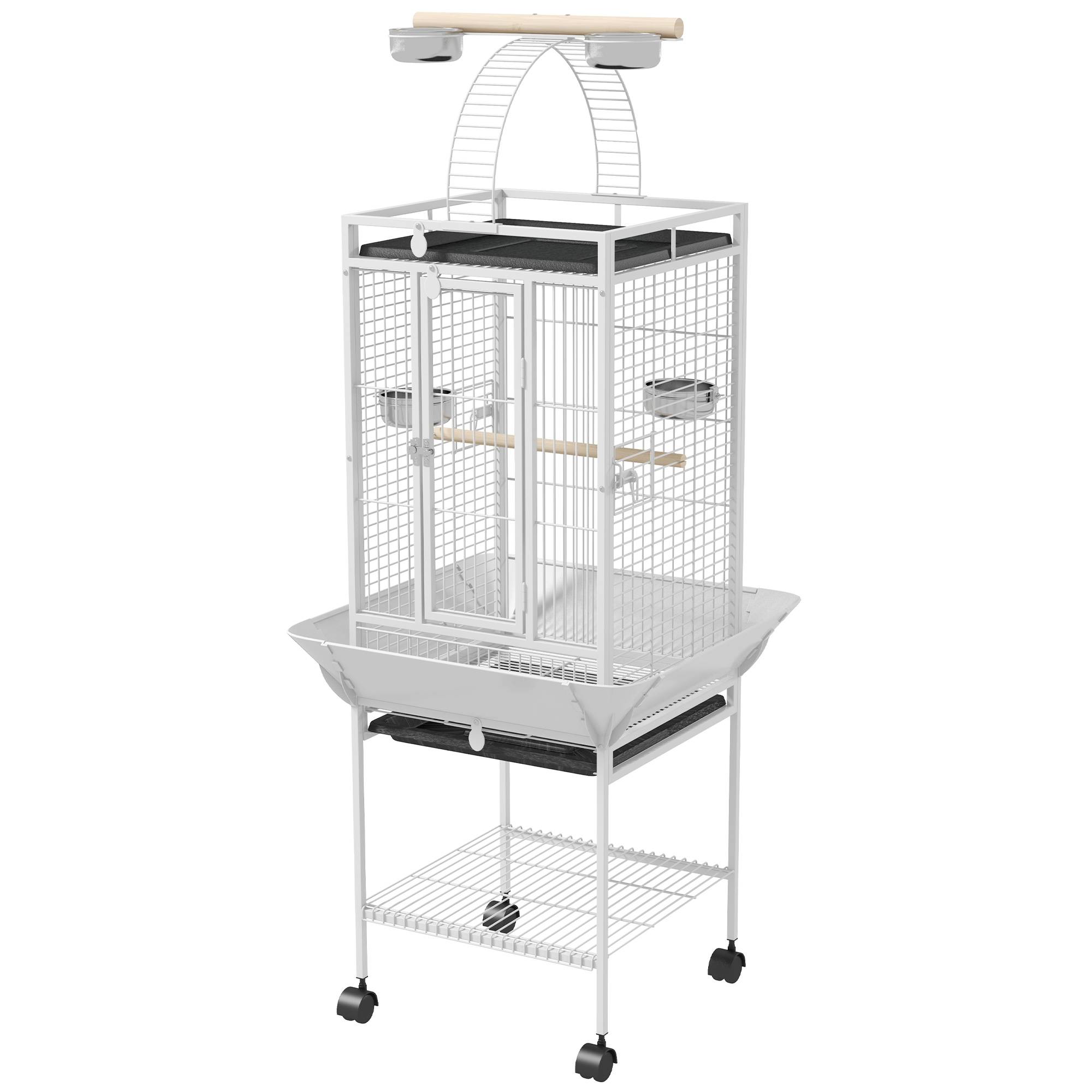 Sans Marque - Vogelkäfig, Papageienkäfig mit 3 Türen, 2 Sitzstange, 360° Rollen, Futternapf, Ablage, Freisitz, 62,5x62,5x156cm, Blanc - Image 2