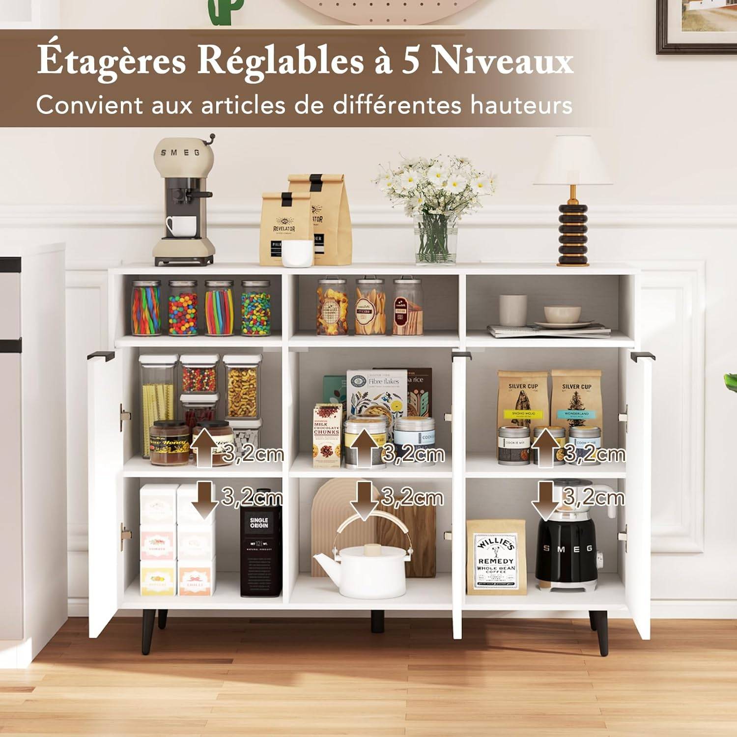 Armoire buffet de cuisine CAXIAS blanche et bois - Maison