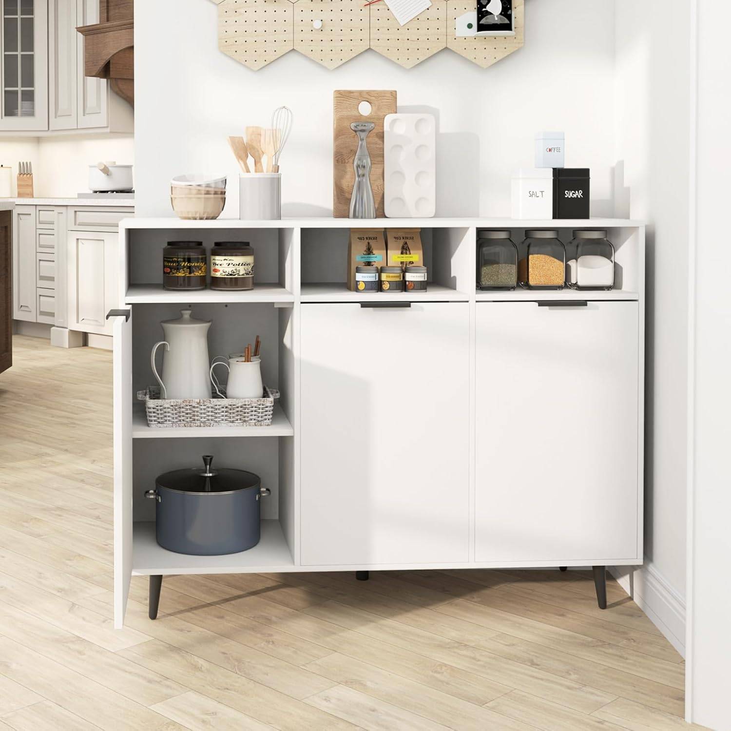 Buffet De Cuisine, Meuble Cuisine, Meuble De Rangement Avec 3 Portes Passe-câble 60x40x180cm
