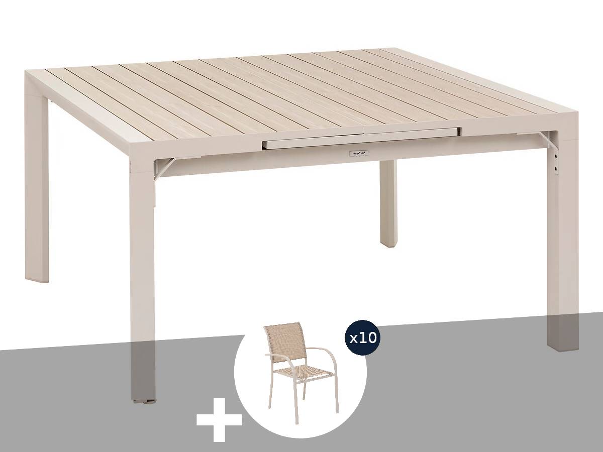 Hesperide - Table de jardin carrée extensible alu Evasion 8/10 places Beige/lin + 10 fauteuils - Hespéride - Image 1