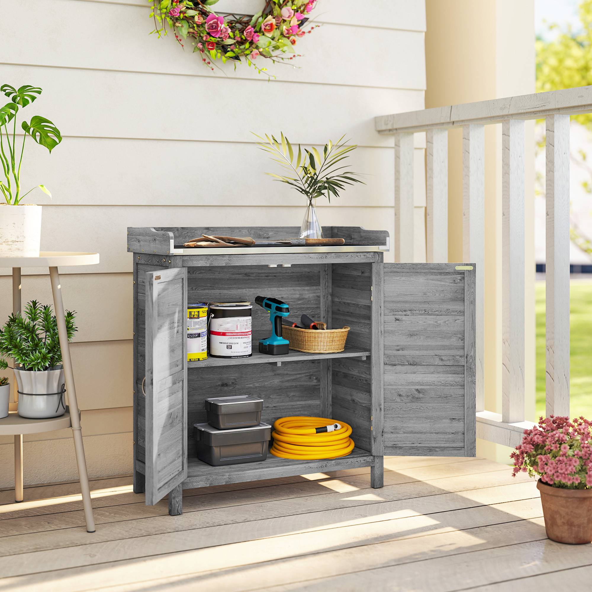 ComfortXL - Armoire de jardin en sapin gris 83 x 40 x 92 cm avec table de rempotage plateau galvanisé et 2 étagères - Image 9