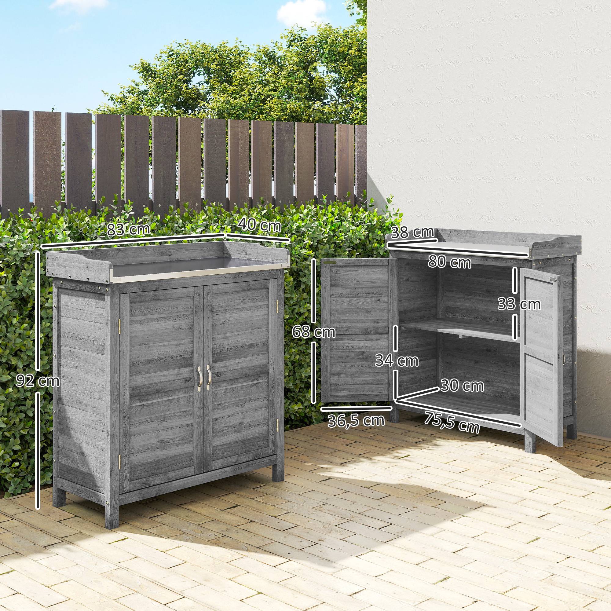 ComfortXL - Armoire de jardin en sapin gris 83 x 40 x 92 cm avec table de rempotage plateau galvanisé et 2 étagères - Image 3