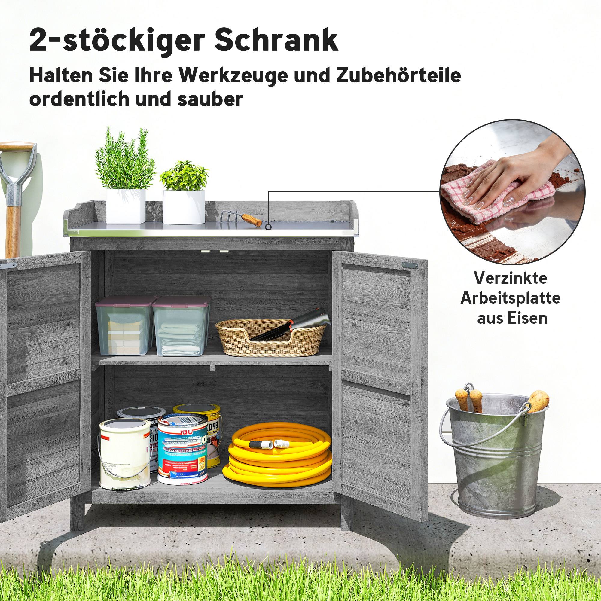 ComfortXL - Armoire de jardin en sapin gris 83 x 40 x 92 cm avec table de rempotage plateau galvanisé et 2 étagères - Image 4