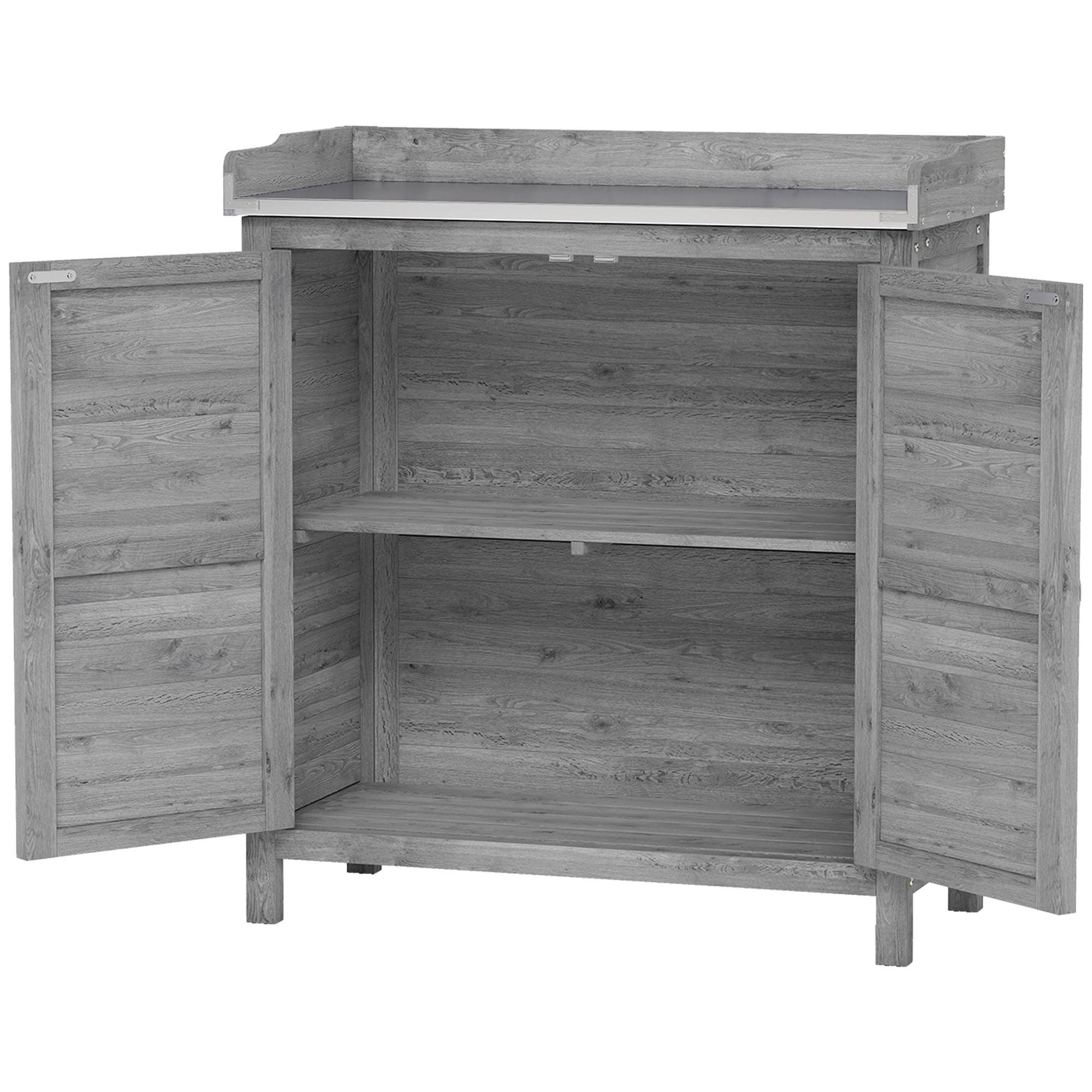 ComfortXL - Armoire de jardin en sapin gris 83 x 40 x 92 cm avec table de rempotage plateau galvanisé et 2 étagères - Image 2