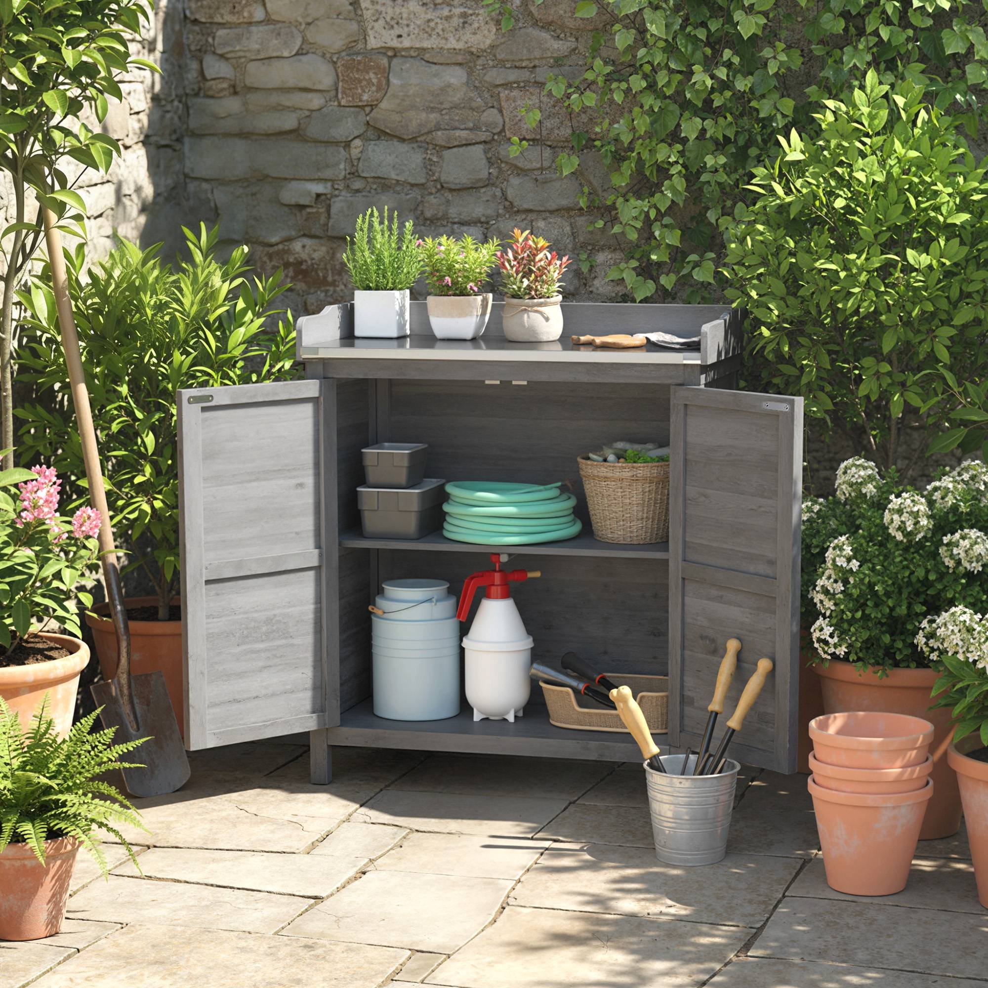 ComfortXL - Armoire de jardin en sapin gris 83 x 40 x 92 cm avec table de rempotage plateau galvanisé et 2 étagères