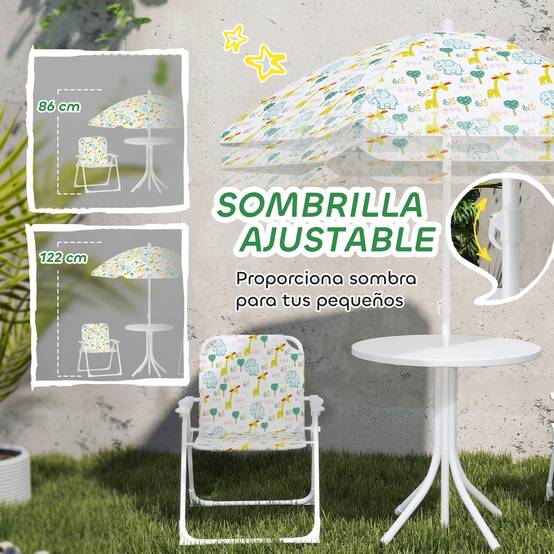 Ensemble table et chaises de jardin pour enfants, 4 pièces, chaises pliantes, parasol réglable, motif éléphant, blanc - Image 7