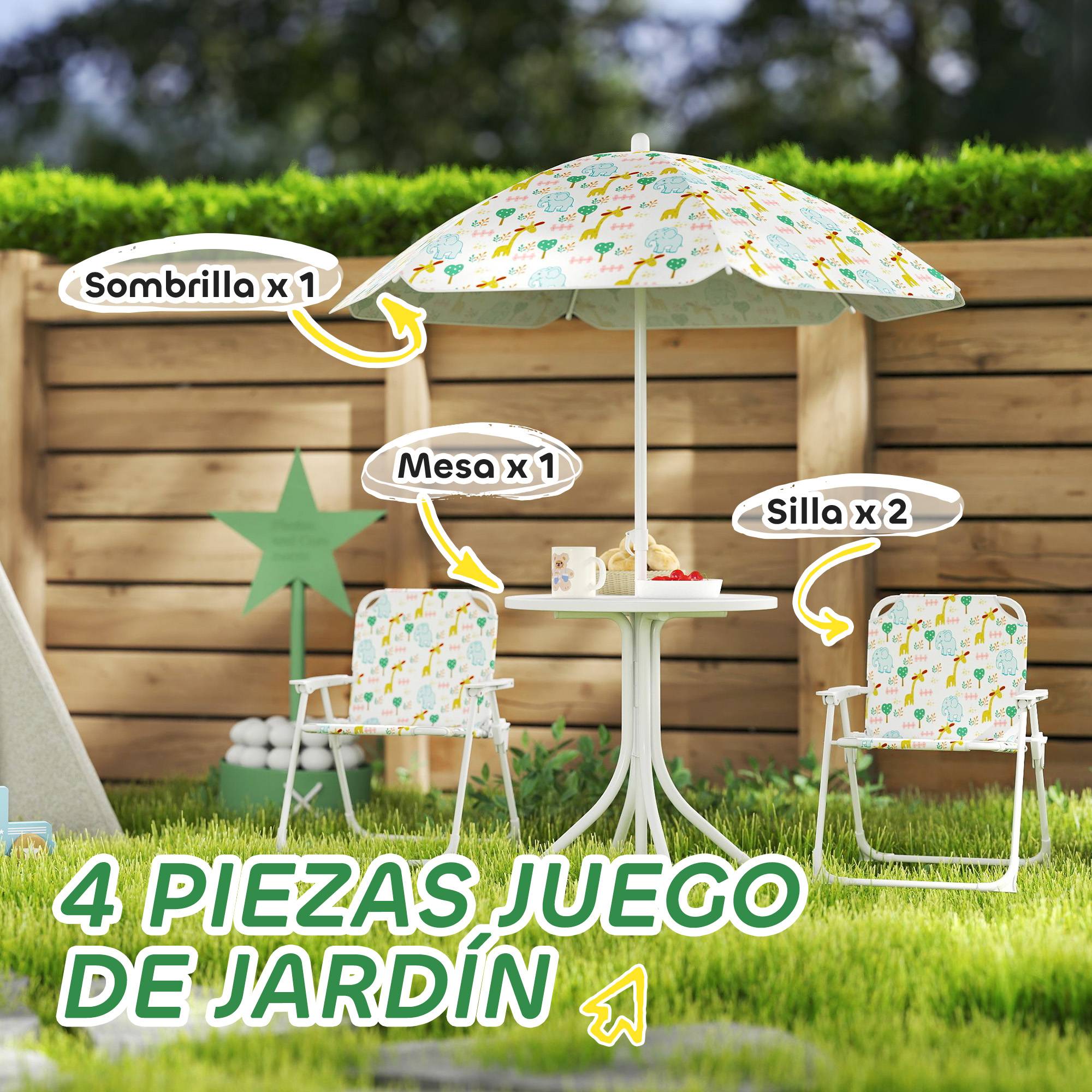 Ensemble table et chaises de jardin pour enfants, 4 pièces, chaises pliantes, parasol réglable, motif éléphant, blanc - Image 6