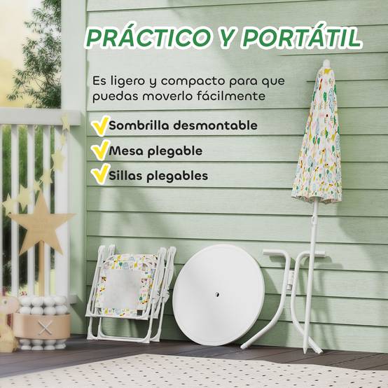 Ensemble table et chaises de jardin pour enfants, 4 pièces, chaises pliantes, parasol réglable, motif éléphant, blanc - Image 8