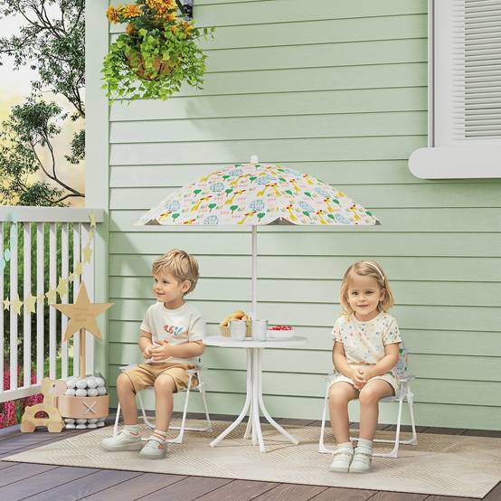Ensemble table et chaises de jardin pour enfants, 4 pièces, chaises pliantes, parasol réglable, motif éléphant, blanc - Image 3