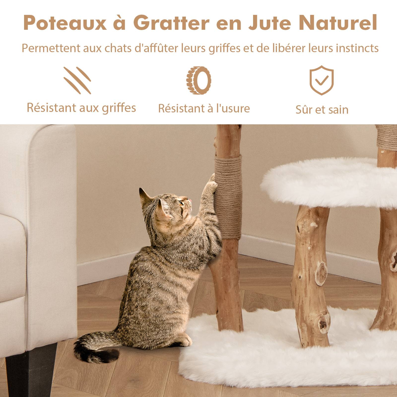 Arbre a Chat XXL 110 cm, 3 Plateformes, 2 Poteaux à Griffer en Jute, Pompon, Bois de Poirier, Tissu Pelucheux Long, 59 × 49 × 110 cm (110 cm) - Image 2