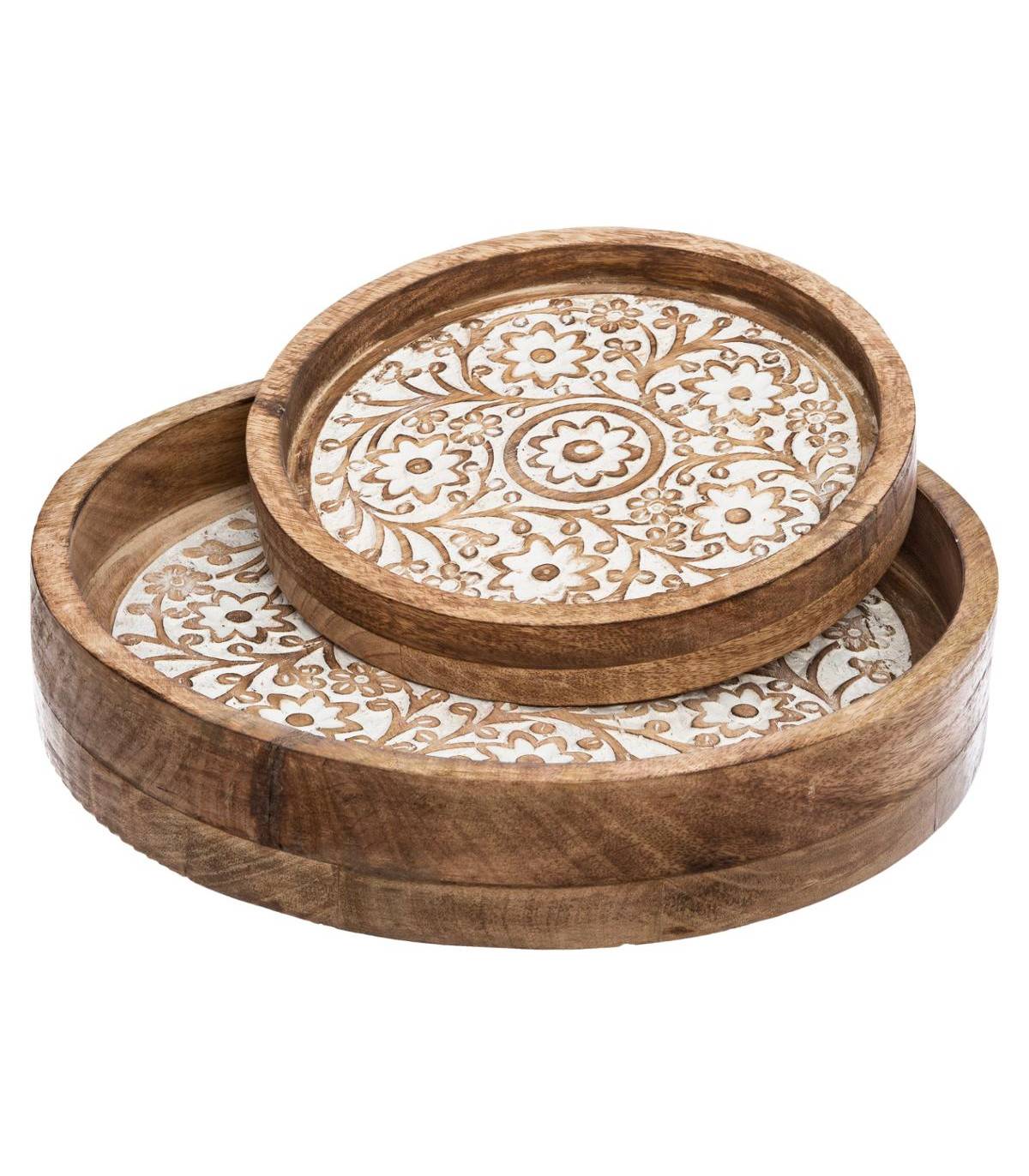 Lot de 2 Plateaux ronds sculptés et blanchis en Manguier - Image 1