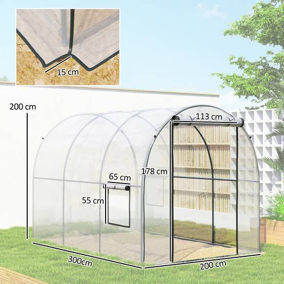 Serre tunnel transparente 6m² 3 x 2 x 2 m, châssis tubulaire renforcé, porte zippée et 2 fenêtres enroulables - Image 5