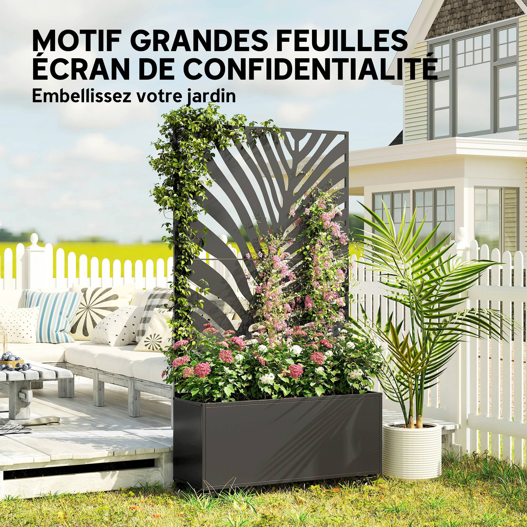 Jardinière avec treillis, bac à fleurs, avec brise-vue et roulettes verrouillables, métal, 90 x 30 x 160 cm, noir - Image 7