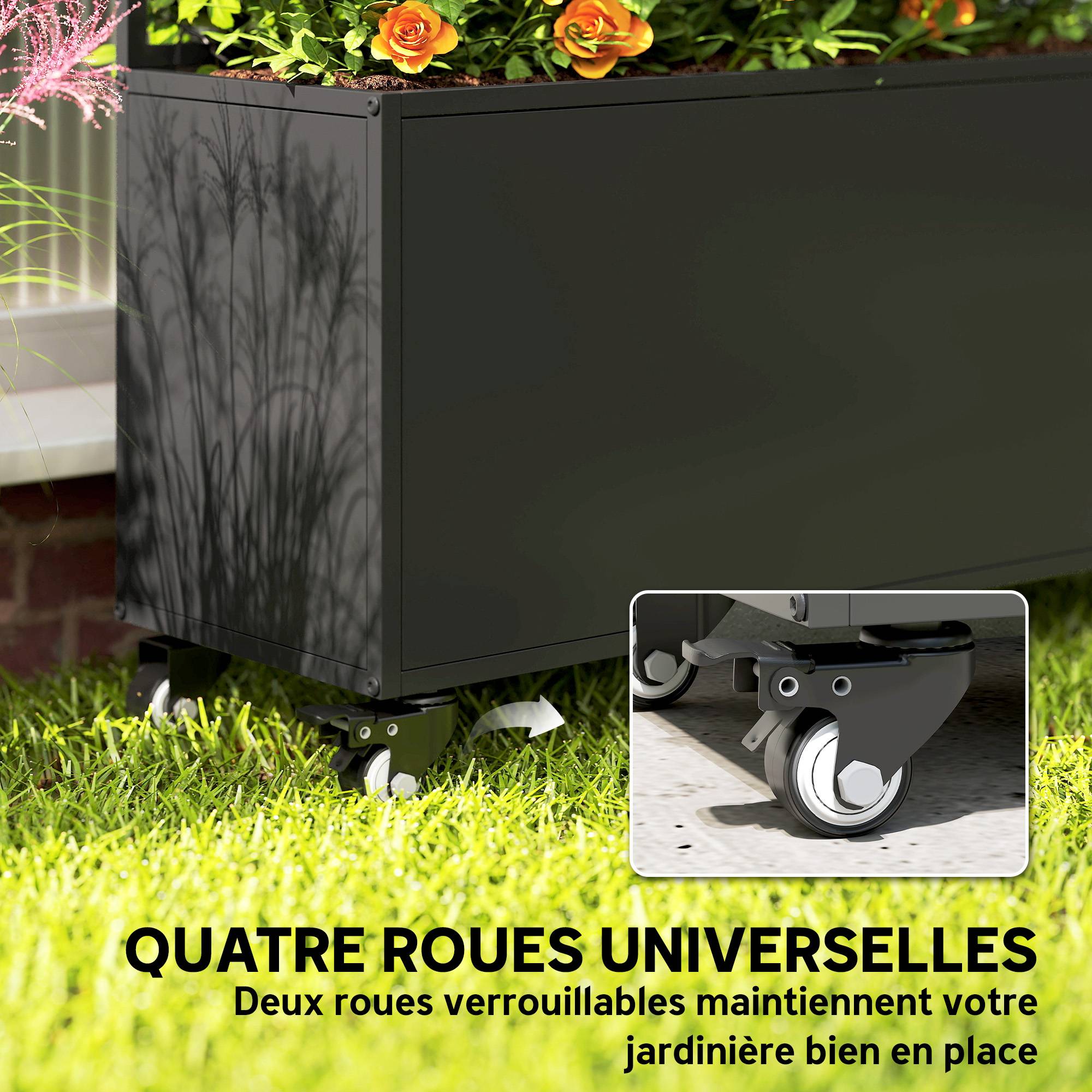 Jardinière avec treillis, bac à fleurs, avec brise-vue et roulettes verrouillables, métal, 90 x 30 x 160 cm, noir - Image 8