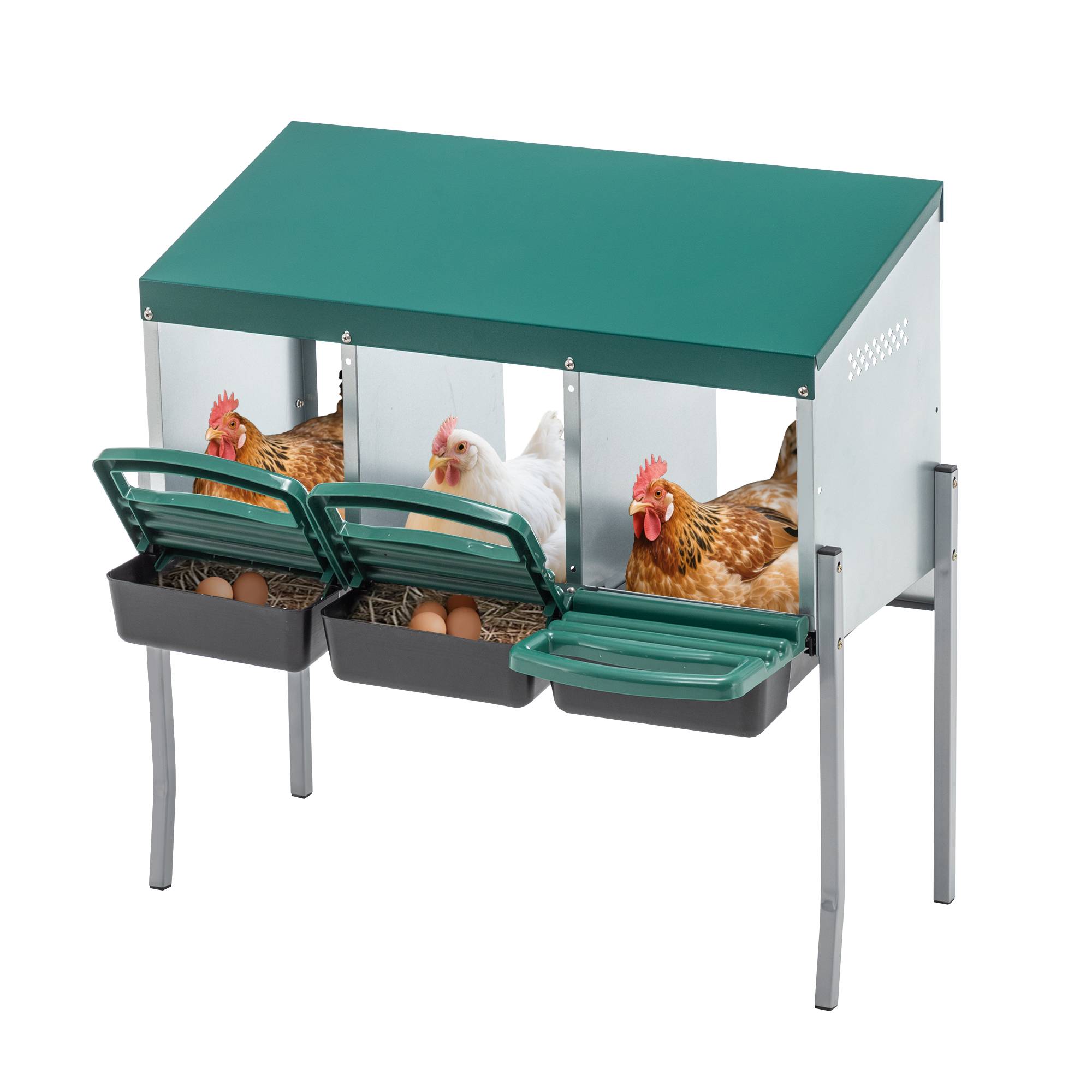 Pondoir poules 3 compartiments acier pour poulailler ramassage facile 80x33x81cm vert - ComfortXL Outdoor Living - Image 1