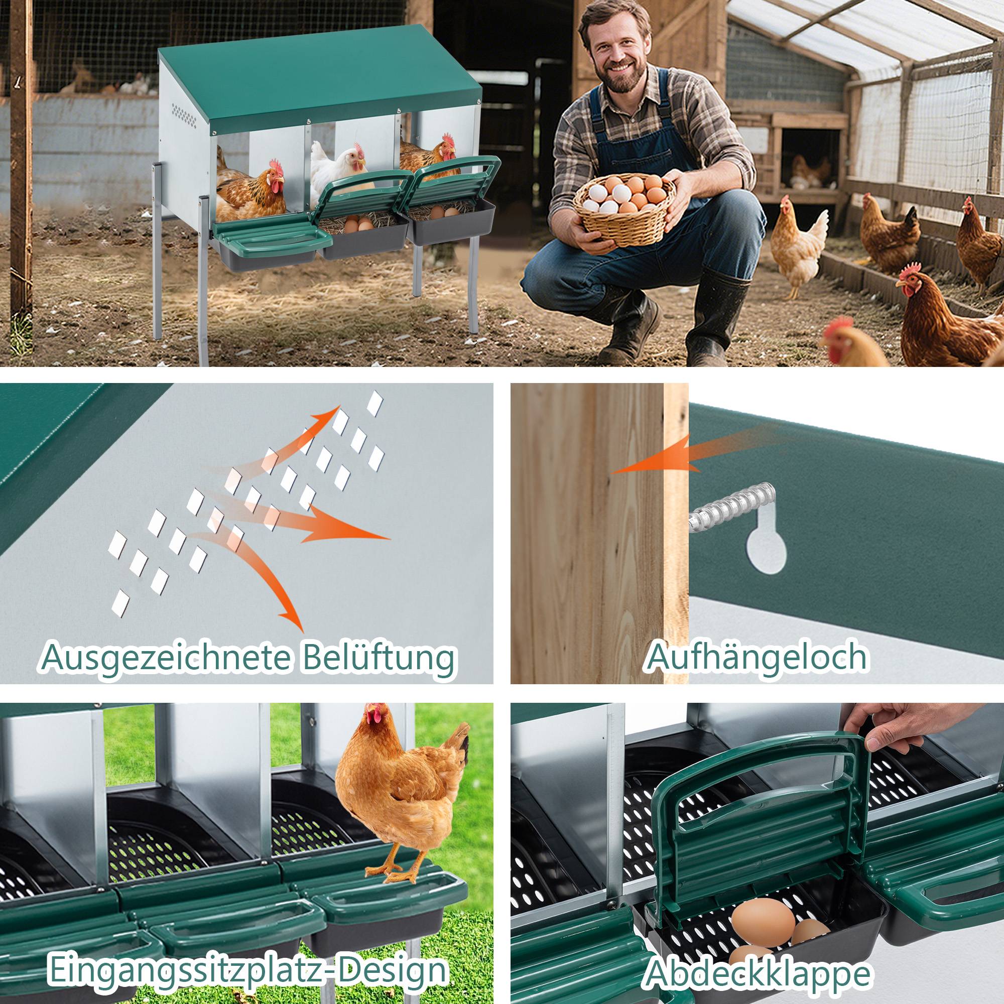 Pondoir poules 3 compartiments acier pour poulailler ramassage facile 80x33x81cm vert - ComfortXL Outdoor Living - Image 3