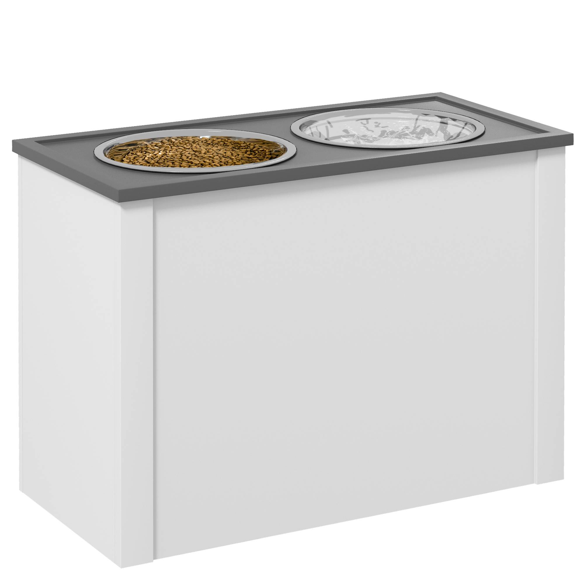 Station d'alimentation avec gamelles surélevées, 1 compartiment de rangement, 2 gamelles en acier inoxydable, 60 x 30 x 42 cm, blanc et gris - Image 2
