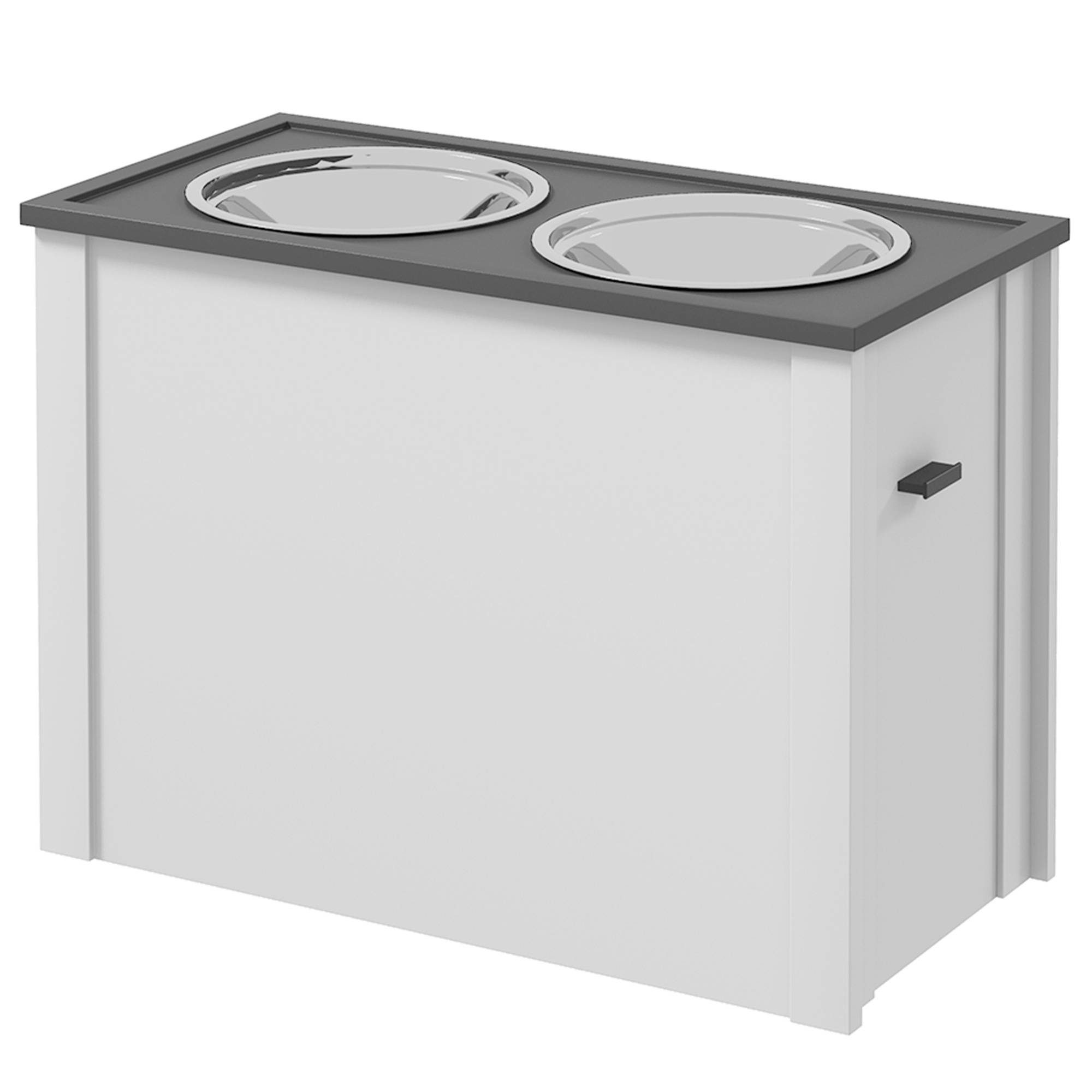 Station d'alimentation avec gamelles surélevées, 1 compartiment de rangement, 2 gamelles en acier inoxydable, 60 x 30 x 42 cm, blanc et gris - Image 1