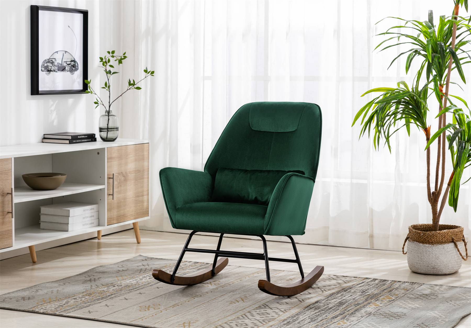 0 - Fauteuil à Bascule  Rembourré en Velours Moderne  pour Salon, Chaise à Bascule à Dossier Haut avec Pieds en Bois, Vert Foncé - Image 7